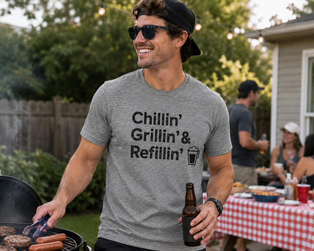 Grillin, Chillin, & Refillin t-shirt - heather grey